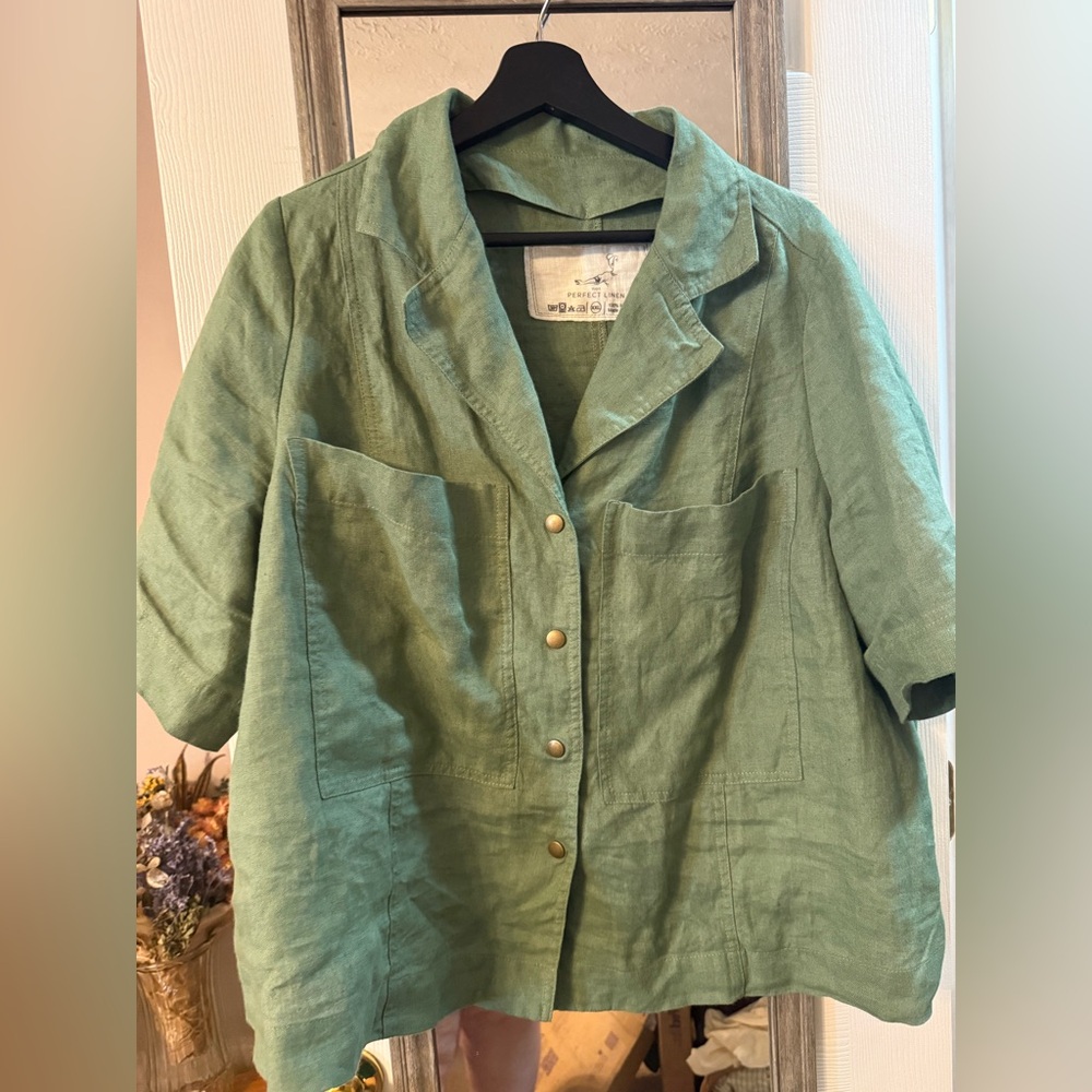 notPERFECTLINEN Green Linen Button-Down Shirt Jacket